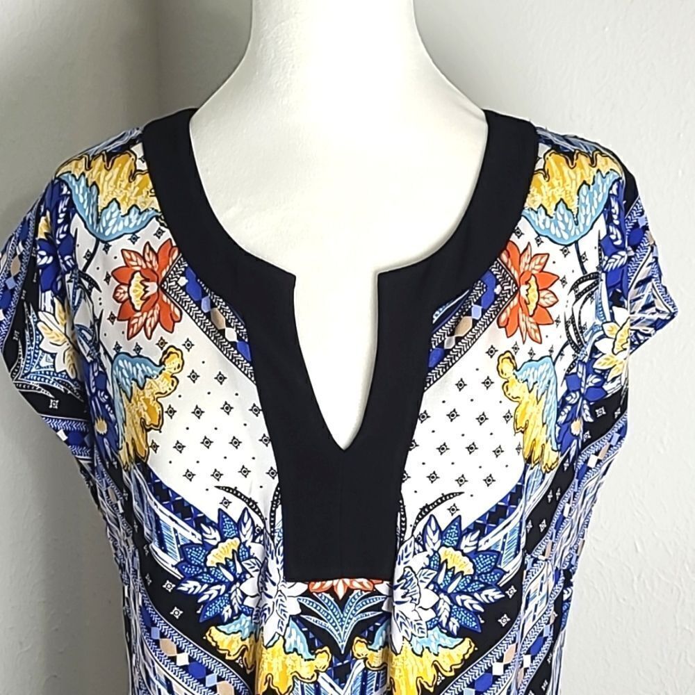 Laundry by Shelli Segal Blue & Yellow Floral Dress with Black Trim, Size Medium - Picture 4 of 9